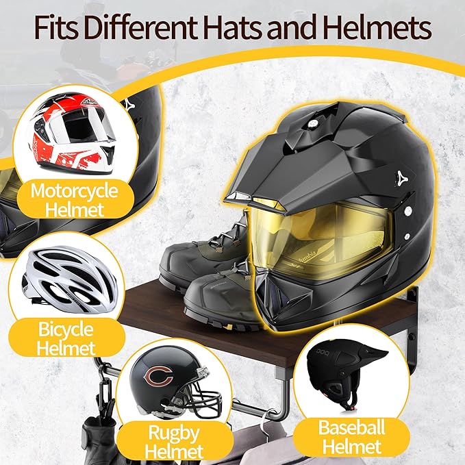 Motorcycle Helmet Holder Wall Mount, Helmet Display Stand, Motorcycle Gear Rack Storage, Helmet and Jacket Holder, Helmet Hanger with 6 Hooks, Motorbike Helmet Accessories (Black)