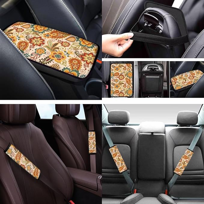 Vintage Floral Automobile Seat Cover Sets 12 Pack with Car Steering Wheel Cover Arm Rest Cover Keychain Holder Protector Seat Belt Pads Suitable for Most Cars,SUV