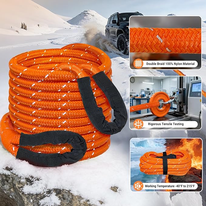 Kinetic Recovery Tow Rope 7/8" x 30ft Tow Strap 48500lbs Snatch Strap with 2Pcs Soft Shackles 56000lbs Break Strength Heavy Duty Kinetic Towing Rope for Truck ATV UTV Offroad Recovery Rope Kit