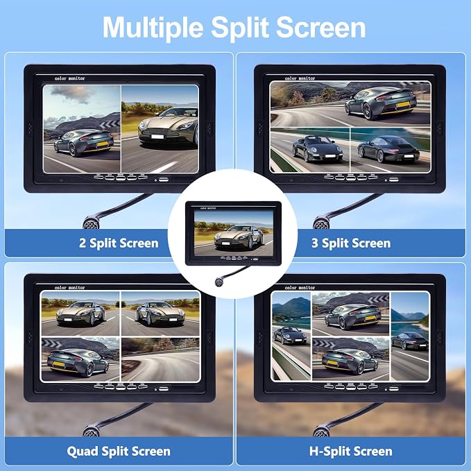 Camecho Vehicle Backup Camera 4 Split Monitor Front View Rear View Camera Auto 18 IR Night Vision Waterproof Aviation 4 Pins Connector LCD Monitor for Trucks RV Trailer Bus