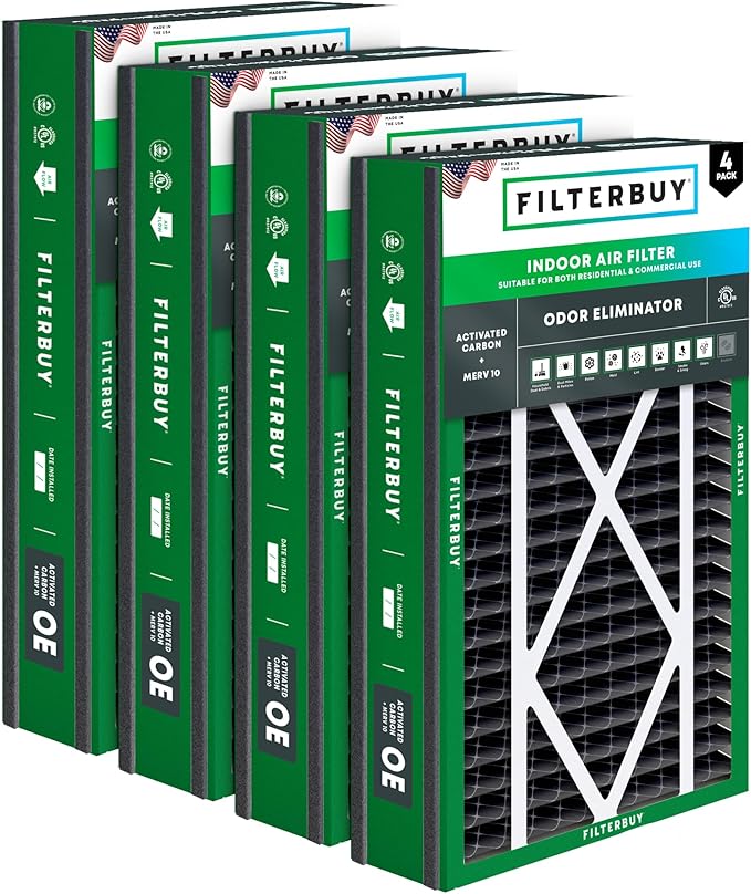 Filterbuy 16x25x5 Air Filter MERV 10 Odor & Allergy Defense with Activated Carbon (4-Pack), Pleated HVAC AC Furnace Filters for Trion Air Bear 255649-105 and More (Actual Size: 15.63 x 24.13 x 4.88)