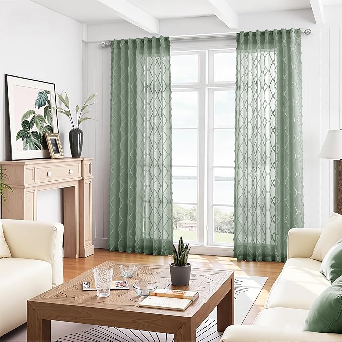 Extra Long Desert Sage Sheer Curtains 120 Inch Length for Living Room 2 Panels Back Tab Black Boho Farmhouse Drapes Light Filtering Embroiderd Textured High Ceiling Sliding Glass Door Curtain 52x120