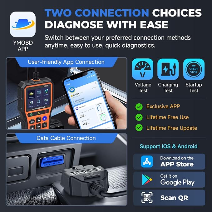 Bluetooth OBD2 Scanner with Battery Tester & Monitoring & Life Test - Support Checking Car Diagnostic Information on iPhone & Android, 2.8 inch HD Large Color Screen, TPU case Protection, Orange