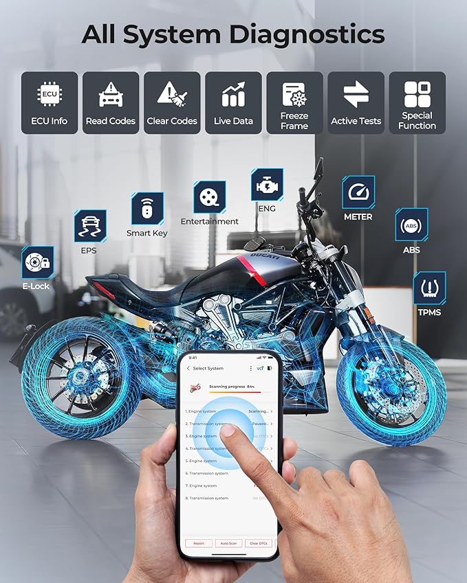 Motorcycle Scanner Bluetooth TOPDON TopScan, Motorcycle Scan Tool Fits for Harley, Ducati, BMW & Japan Brands, All Systems Motorbike Scanner Tool with Reset Functioan, Data Stream, AutoVIN