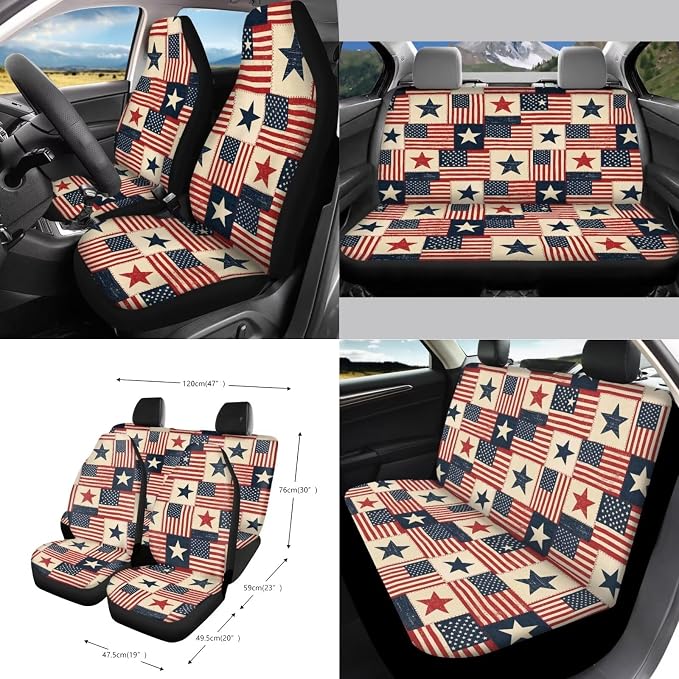 Wanyint Car Seat Cover Set 15 Pack, with Steering Wheel Seat Belt Strap Rearview Mirror Cover Garbage Cans Air Vent Pouch Coasters Keychain July 4th Patriotic Auto Decor, Vintage US Flag Patchwork