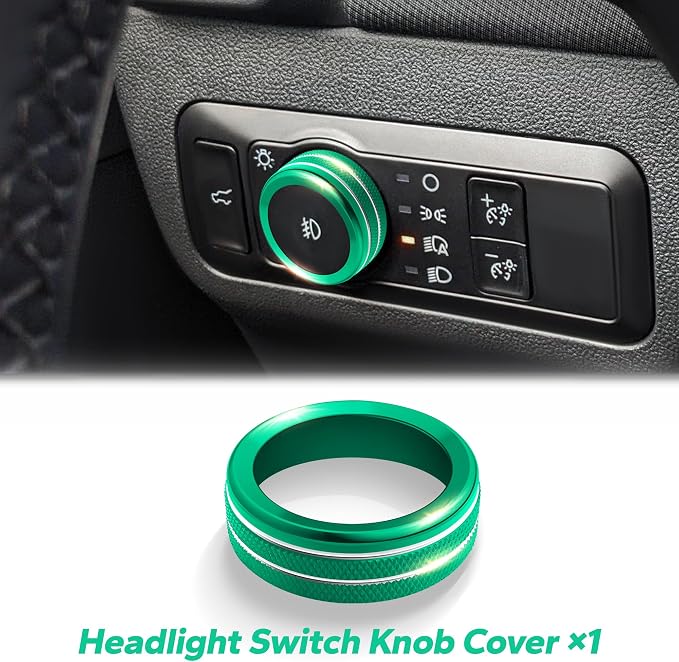 for 2025-2026 Ford Bronco Sport Accessories (Not for Bronco) 9PCS Aluminum Alloy Knob Cover Trim Set for Push Start, Volume, Air Vent Tabs, Headlight & Gear Shift Knob (Green)