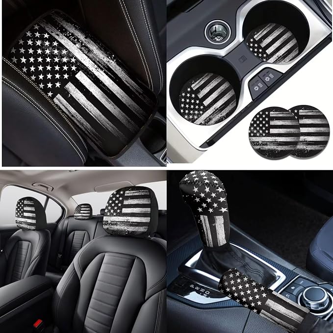 Lotusorchid American Flag Print Car Seat Covers, Including Universal and Anti-Slip Steering Wheel Cover Car Armrest Box Pad Vehicle Seat Belt Pad Auto Headrest Cover for Most Vehicles