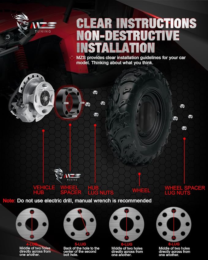 MZS 4x156 Wheel Spacers, 2" Thick 131mm Bore 3/8"-24 Studs Compatible with Ranger RZR Sportsman Xplorer 400 500 600 700 800 - ATV 4 Lug for Lakota KSF 250 KXT 250, Black Set of 2