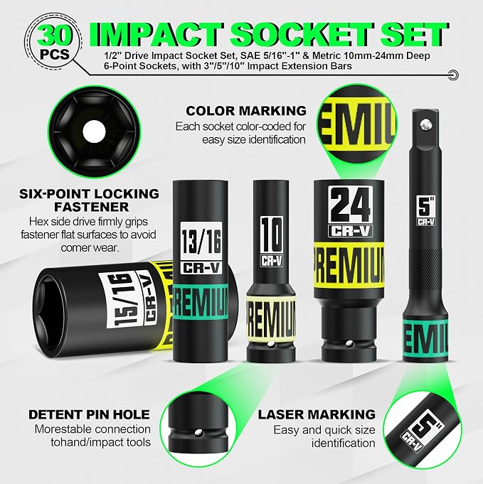 30PCS 1/2" Drive Impact Socket Set, SAE (5/16"- 1") and Metric (10mm-24mm) Deep Socket, Including Impact Extension Bar 3 ", 5", 10", 6 Point, Suitable for Automotive and Machinery