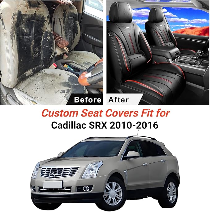 Fit SRX Car Seat Covers (Front Pair) for Select Cadillac SRX 2010-2016 - Premium Full Coverage Leather, Airbag Compatible & Scratch-Resistant, Waterproof & All Weather Seat Protector, Red Trim
