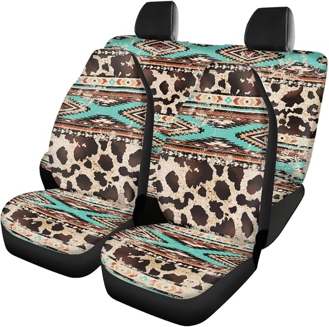 17 Pcs Aztec Cow Print Car Seat Covers Full Set with Floor Mats Steering Wheel Cover Shoulder Pads Armrest Pad Keychain Roof Gloves Cup Coaster Universal