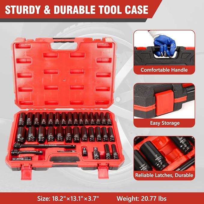 1/2" Impact Socket Set 35PCS,Metric 10-24mm SAE 3/8"-1-1/4" | CR-MO Steel,6-Point Design, Includes U-joint, Extension Bars, Adapter and Storage Case for heavy-duty automotive maintenance
