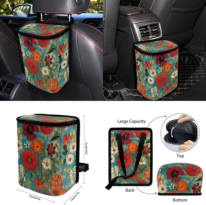 Colorful Flower 15 PCS Car Seat Cover Set with Auto Steering Wheel Cover Seat Belt Strap Protector Cup Holder Trash Bag Rear View Mirror Protector Keychain
