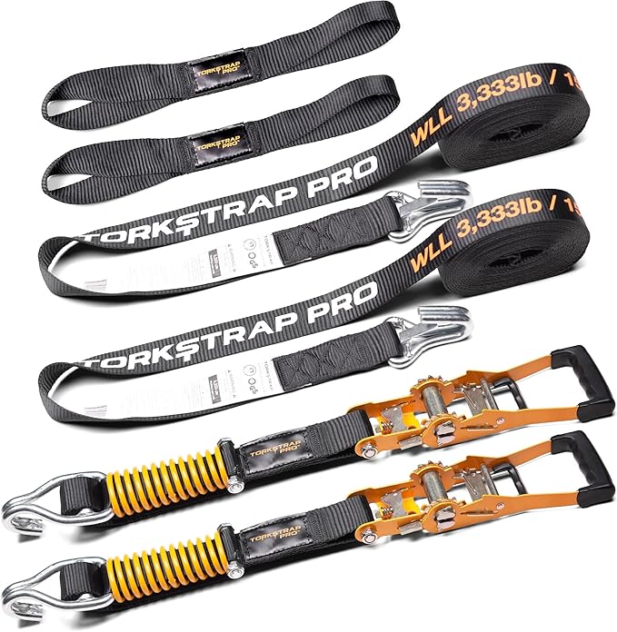 TorkStrap Pro 25' x 2'' Self Tensioning Ratchet Straps (10,000LB Break Strength) - Adjusts to Load Shifts - Heavy Duty & Industrial Use - Extra Soft Loops - Heavy UTV, Cargo, ATV, Trucks (2-Pack)