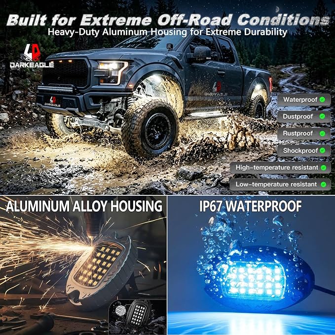 10Pods Aluminum RGB LED Rock Lights Full Kit for Jeep Trucks UTV ATV RZR Golf Cart Offroad SXS Side by Side with APP/RF Remote, Waterproof Multicolor Underglow Light Metal Alloy Case Segmented 12V
