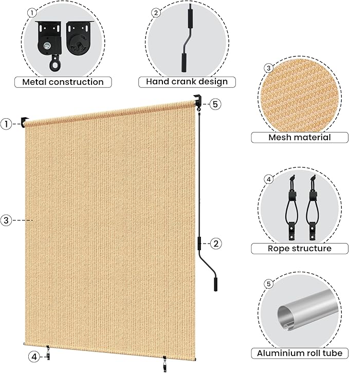 Grandekor Outdoor Roller Shade,8' W x 8' H,Patio Roll Up Shade Cordless,Outdoor Privacy Screen with 220GSM HDPE Aluminum,Wand Operation,Exterior Roller Shade Cloth for Porch Gazebo Backyard,Khaki