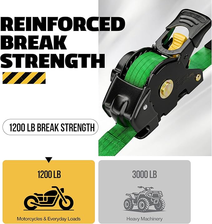 AUGO Retractable Ratchet Straps | 4 Heavy Duty Self Retractable Tie Down Straps with Soft Loops & Storage Bag for Motorcycle, Truck, Trailer, Cargo Van | 1200 Lb Break Strength 1' x 10'