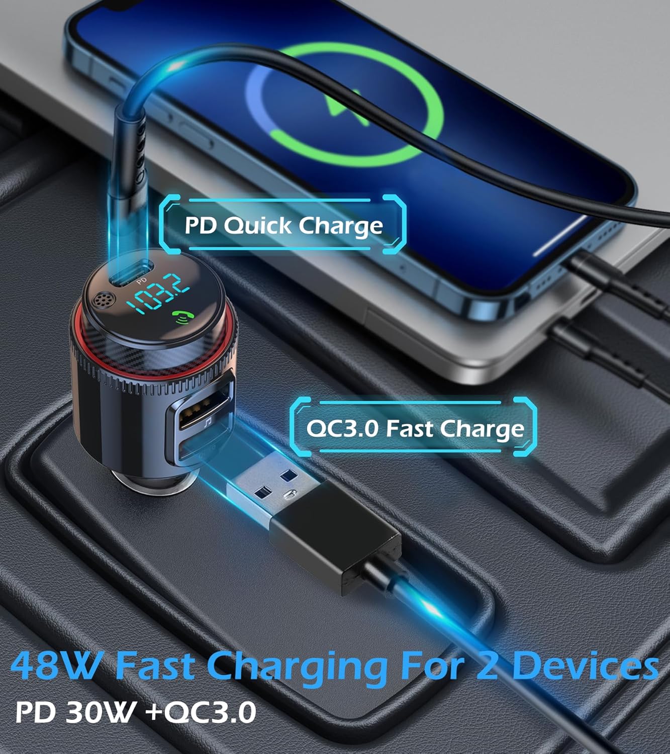 Bluetooth Car Adapter, Wireless AUX FM Transmitter, USB C&QC3.0 Dual Fast Charging, Cigarette Lighter Radio Music, Supports Hands-Free Siri Google Assistant & USB Drive, HiFi Bass Sound