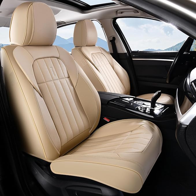 FLORICH Seat Cover, Leather Car Seat Covers Full Set, Waterproof Car Seat Protectors 5 Seats, Front and Rear Seat Covers for Cars, Automotive Seat Protector Fit for Most Sedans SUV Truck - Beige