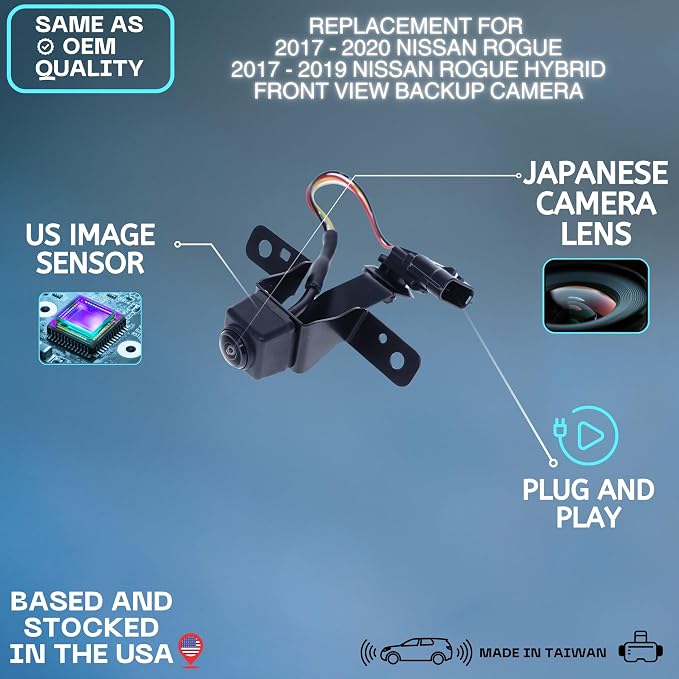Front View Backup Camera Replaces for 2017-2020 Nissan Rogue | 2017-2019 Nissan Rogue Hybrid OE Part # 284F16FL1A, 284F16FL0A, 284F1-6FL1A, 284F1-6FL0A