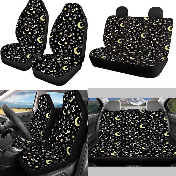 Mumeson Moon Star Car Seat Covers with Steering Wheel Cover Armrest Cover Center Console Mat Car Seatbelt Cover Shoulder Cushion Pad 8 Pack Universal Auto Interior Protector Decor Set