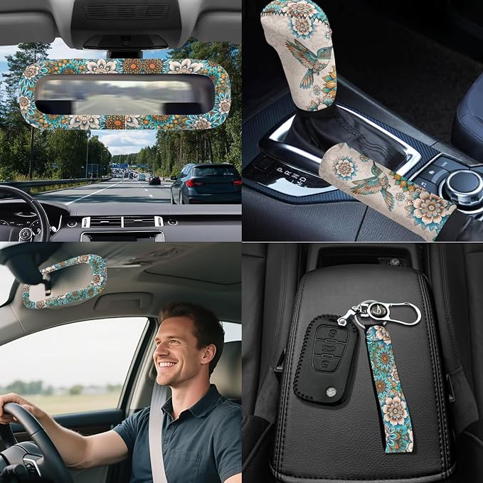 18 Pieces Car Seat Covers Full Sets Hummingbird Car Interior Accessories Sets with Mandala Lotus Car Seat Belt Pads Cover Anti Slip Steering Wheel Cover Auto Trash Can Car Headrest Covers