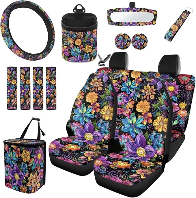Dreaweet Boho Floral Car Seat Covers Full Set for Women Flower Car Accessories Set 15 Pcs Car Steering Wheel Cover Seat Belt Pad Trash Bag Vent Storage Bag Rearview Mirror Cover Car Coasters Keychain