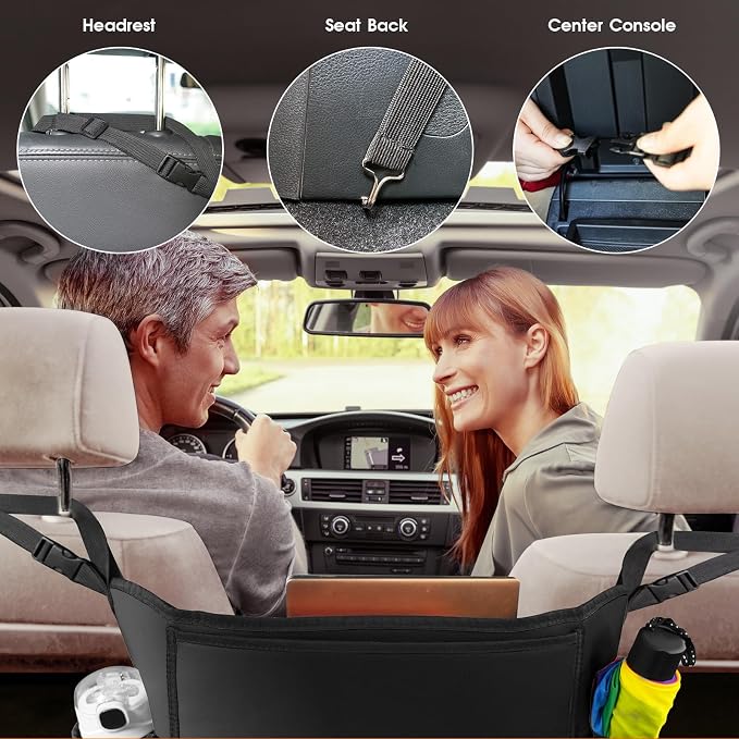 E EASTSTORM Car Purse Holder Between Seats, Car Seat Purse Handbag Holder, Automotive Consoles Organizers Storage Barrier Car Interior Accessories, Leather Large Capacity (Black)