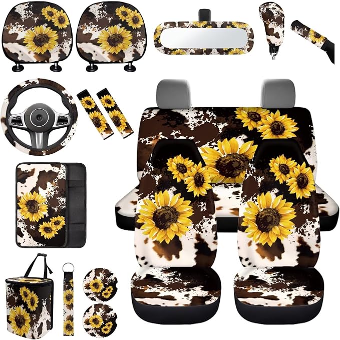 Sunflower Car Seat Covers Full Sets of 17 Pack,Brown Cow Print Car Accessories Sets for Women with Auto Head Rest Covers,Steering Wheel Auto Covers,Hanging Trash Bag,Universal Fit Most Auto