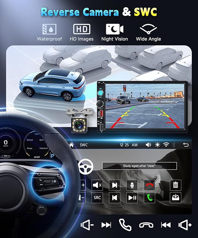 Car Stereo Double Din Radio, 7 inch Touch Screen Radio Car Audio Receivers, 2 Din Bluetooth Stereo, Mirror Link, FM EQ SWC USB Backup Camera Type-C Fast Charging