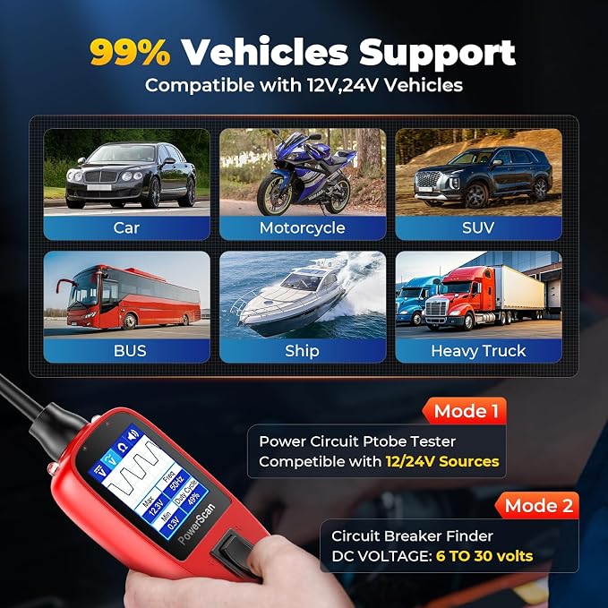 Autel PowerScan Automotive Circuit Tester PS100, 12V-24V Power Circuit Probe Kit w/Flashlight, AC/DC Voltage Resistance, Short Open Finder, Component Activation, 20FT Extension Cord for All Cars
