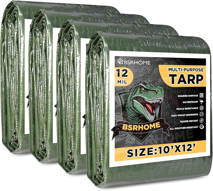 Tarps Waterproof 10x12 Feet, 4 Pack Heavy Duty Green Tarp Cover 12 Mil Thick, Resistant Plastic Tarpaulin with Metal Grommets, Outdoor Tarp Cover for Car,Trailer