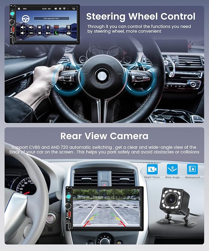 7 Inch Double Din Car Stereo, Wireless CarPlay Android Auto, 2 Din Touch Screen Radio, Bluetooth Stereo, AHD Backup Camera, Mirror Link, FM EQ SWC, Type-C USB Fast Charging, Video Playback