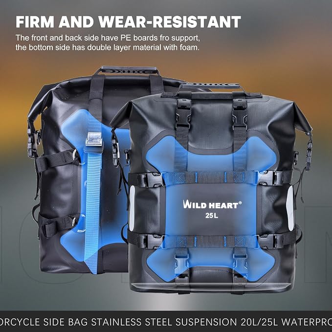 WILD HEART Motorcycle side bag stainless steel suspension waterproof bag Saddlebags 20L/25L waterproof Pianner Bag wear-resistant general-purpose Bike accessories (Black TPU, 25L One Pack)