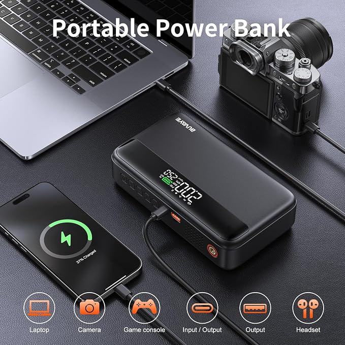 Jump Starter with Air Compressor, 5000A Battery Jumper Starter Portable (All Gas and 10L Diesel) with 150PSI Auto-Shutoff Tire Inflator 12V Car Battery Charger with Jumper Cable LED Light