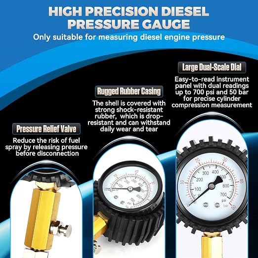 Diesel Compression Tester Kit 47pcs Petrol & Diesel Engine Compression Tester Small Engine Cylinder Leak Down Tester with Compression Gauge, Leak Detector, Gloves, for HDI/TDCi/Pumpe Duse Engine