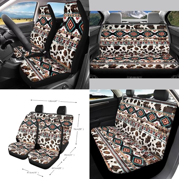 Wanyint Car Seat Covers Set for Women, with Steering Wheel Rear View Mirror Cover Seat Belt Pads Trash Bin Sunglass Pocket Coasters Key Chain Car Accessories, 15 PCS Set, Aztec Navajo Cow Print