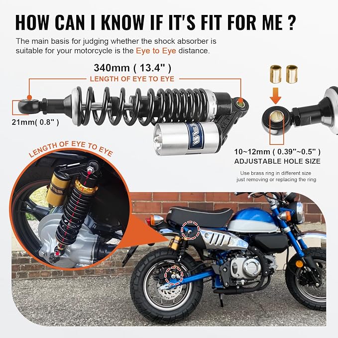 13.4" 340mm Universal Motorcycle Rear Shock Absorbers Suspension for HONDA, for Yamaha, for Suzuki, for Kawasaki ATV Go Kart Quad Dirt Sport Bikes,Black Silver
