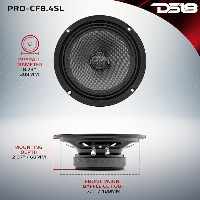DS18 PRO-CF8.4SL 8" Shallow Carbon Fiber Water Resistant Cone Mid-Bass Loudspeaker 275 Watts Rms 4-Ohm - Great Speaker for Motorcycles and Powersports
