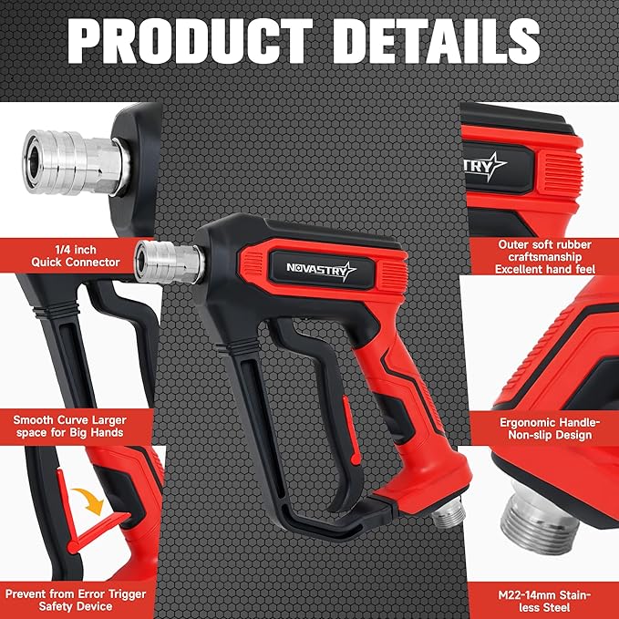 High Pressure Washer Gun, 4000 PSI Max, 5 Nozzles & Anti-Kink Swivel, 1/4” Quick Connect, Compatible with M22-14, Car Wash, Foam Cannon, Power Washer (Not for Garden Hose)