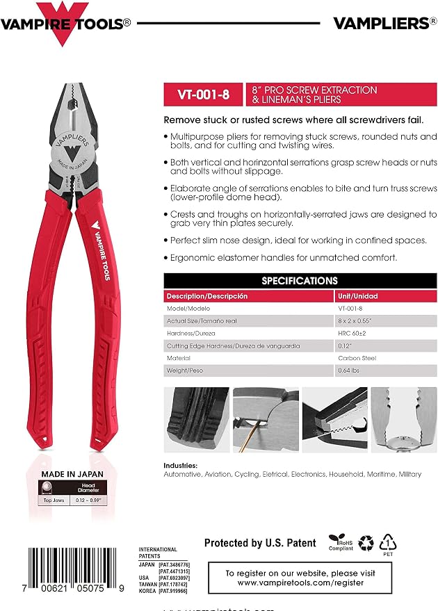 VAMPLIERS VT-001-8GS: 8" PRO Linesman Pliers Gift Set. Screw Extractor Pliers to Remove Rusted/Damaged/Specialty Screws, Nuts and Bolts. Made in Japan.