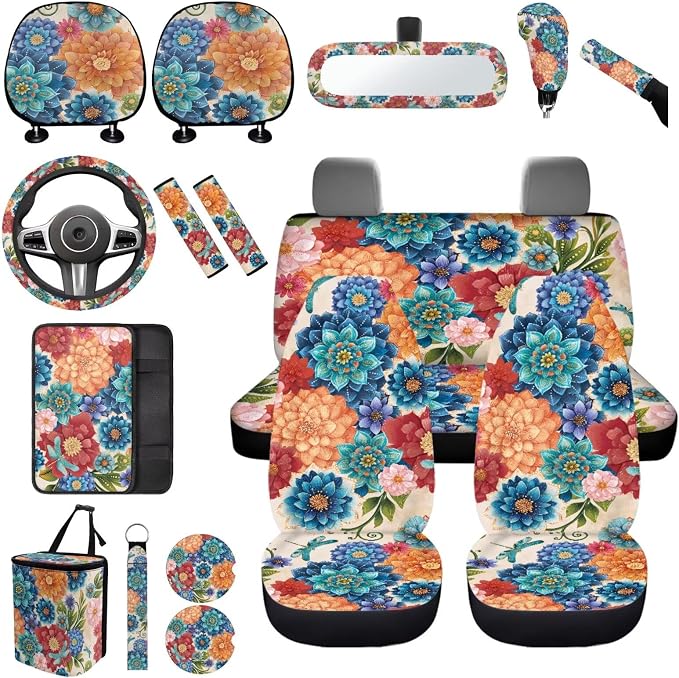 17 Pieces Hippie Lotus Car Seat Covers Full Set for Women with Auto Interior Set Decor,Madala Car Accessories with Steering Wheel Cover,Car Headrest Cover,Car Trash Can with Lid,Universal Fit