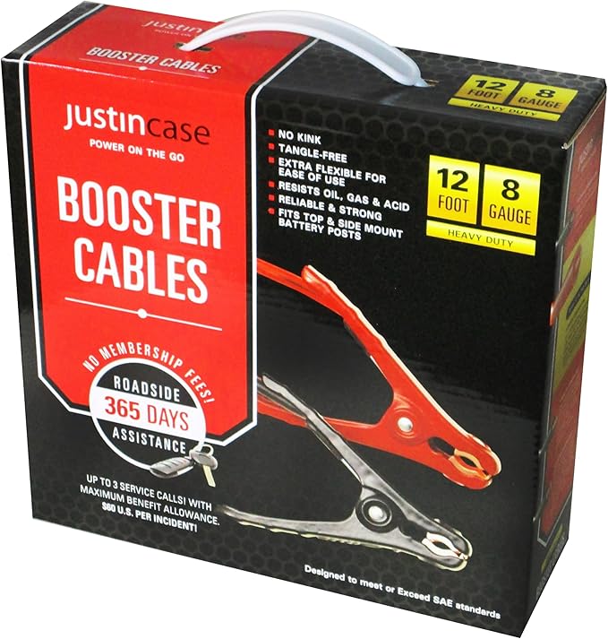 Justin Case Heavy-Duty Jumper Cables for Car, Includes 8 Gauge Wire Conductor 12' Car Jumper Cables & 365 Day Roadside Assistance