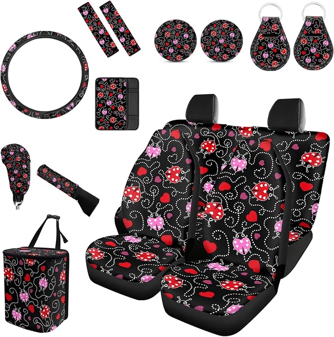 Forchrinse Red Ladybug Car Seat Covers for Women 15Piece Ladybug Car Interior Set with Steering Wheel Cover+Seatbelt Pads+Coaster+Auto Trash Can for Most Vehicles