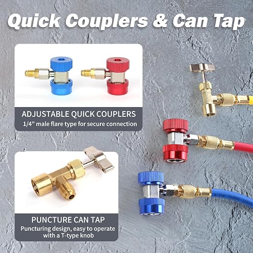 PB Motor Tech 3 Way AC Manifold Gauge Set for R134A, R410A, R22, R404A Refrigerants, with Quick Couplers, 410 Adapter, Puncturing Can Tap, Valve Core Tool. Perfect for Air Conditioning Maintenance