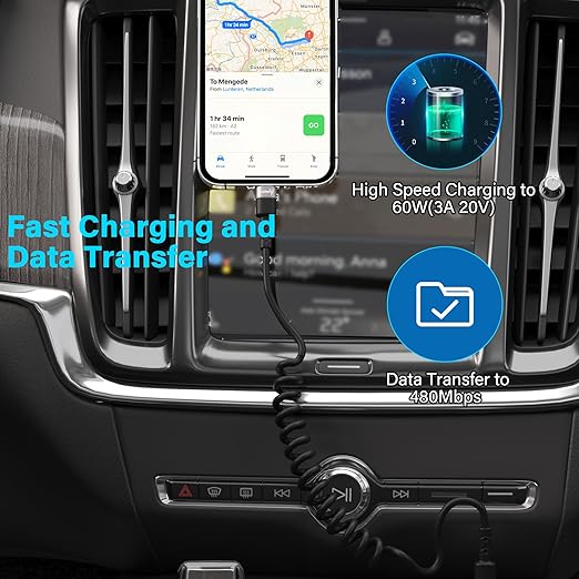 Coiled Car Carplay Cable for iPhone 15 16 15 Pro Max 15 16 Plus, 90 Degree USB C to Type C 60W Fast Charging Cord, Retractable Angled iPad Car Charger iPad Pro iPad Air Mini 6 Replacement 2FT 2 Pack