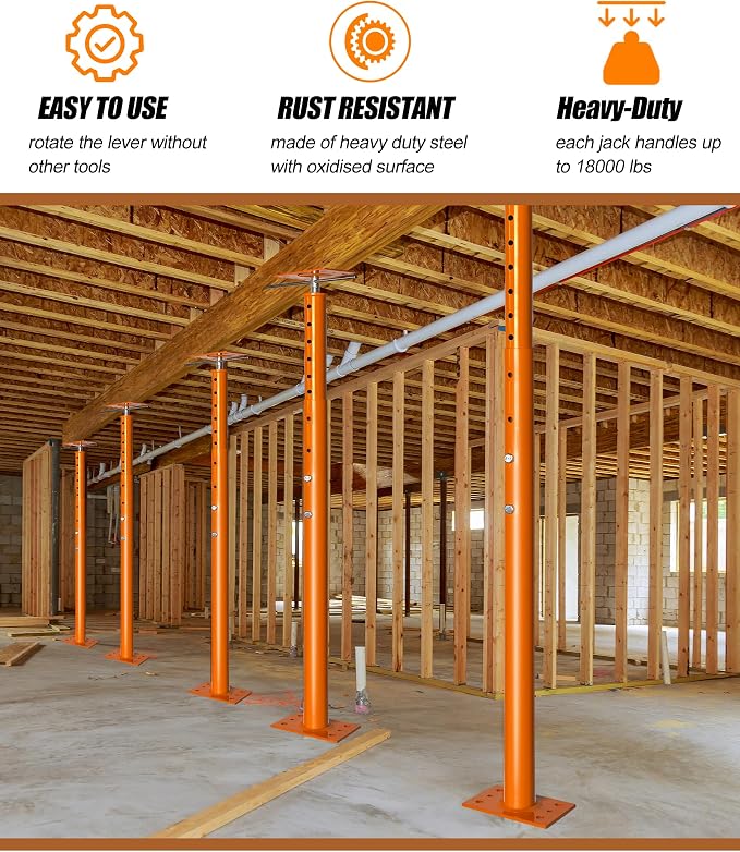 House Floor Jack, 48"-93" Adjustable Post Basement Support Pole Jacks, Heaty Duty Telescoping Jacks for Leveling, Floor Joist Jack for House Lifting Temporary Support, 18000 lbs Max Load Capacity