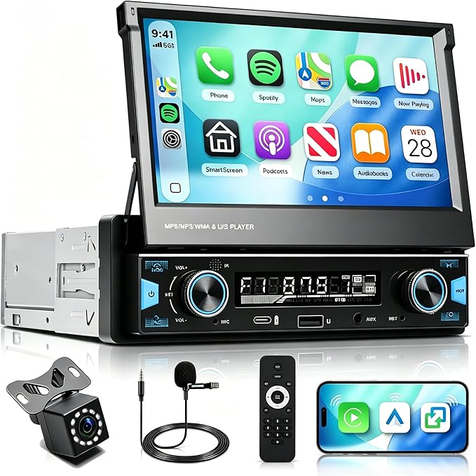 7 Inch Single DIN Flip Out Car Stereo with Wireless CarPlay & Android Auto-IPS Touchscreen, Bluetooth 5.0, Backup Camera, SWC, FM/AM Radio, Type-C Fast Charging | Universal Fit