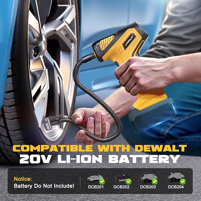 Tire Inflator Portable Air Compressor Compatible With Dewalt 20V Battery, LIVOWALNY 150PSI Air Pump Cordless Tire Pump Digital Pressure Gauge, Tire Inflator for Car, Bike, Motorcycle (Tool Only)