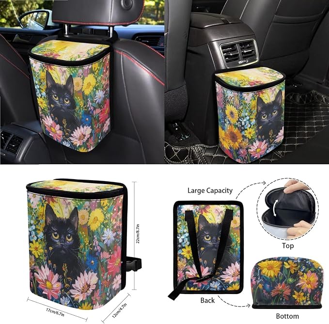 Cat Daisy Sunflower Pattern 15 PCS Car Interior Accessories, Oil Painting Car Seat Covers + Steering Wheel Cover + Seat Belt Pad + Trash Can + Keychain + Air Vent Storage Bag + Coasters
